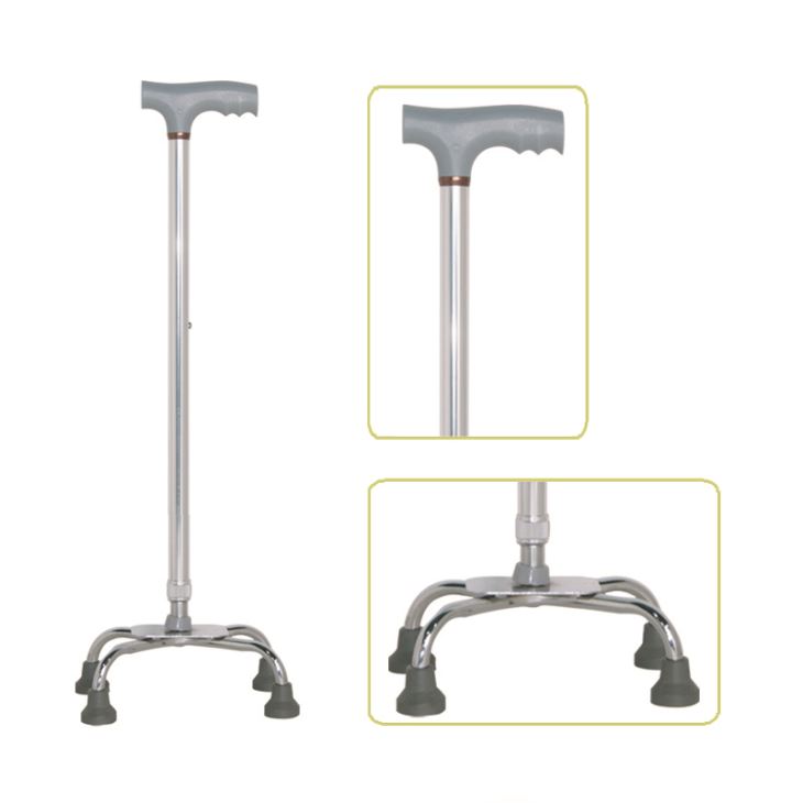 Height Adjustable Aluminum Quad Cane With Small Base & Comfortable T-Handle, Silver