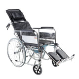 Multifunctional Reclining Commode Wheelchair With “U” Seat Panel, Detachable Armrests & Detachable Elevating Footrests